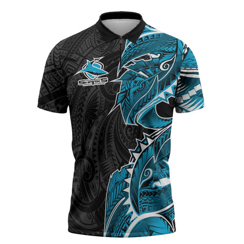 Cronulla Sharks Zipper Polo Shirt Polynesian Tribal Tattoo Pacific Sport Art
