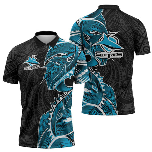 Cronulla Sharks Zipper Polo Shirt Polynesian Tribal Tattoo Pacific Sport Art