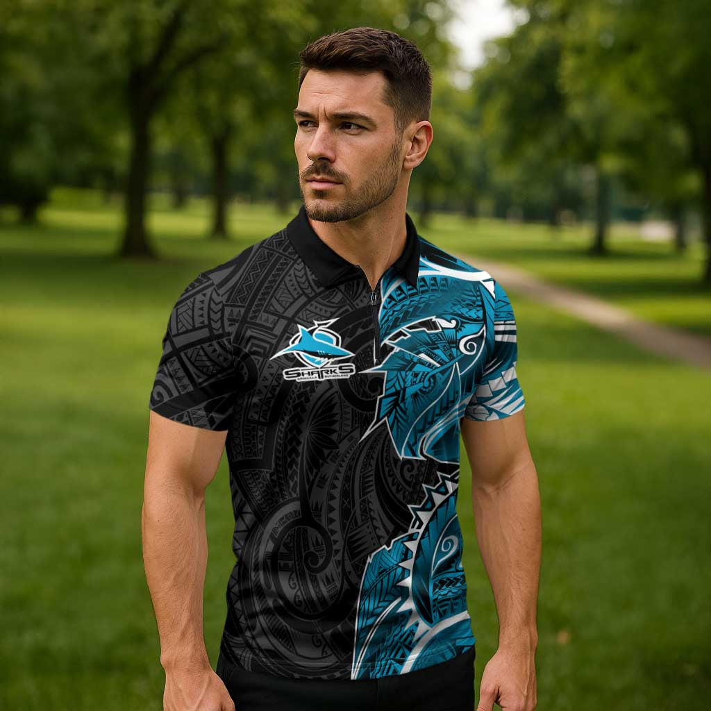 Cronulla Sharks Zipper Polo Shirt Polynesian Tribal Tattoo Pacific Sport Art