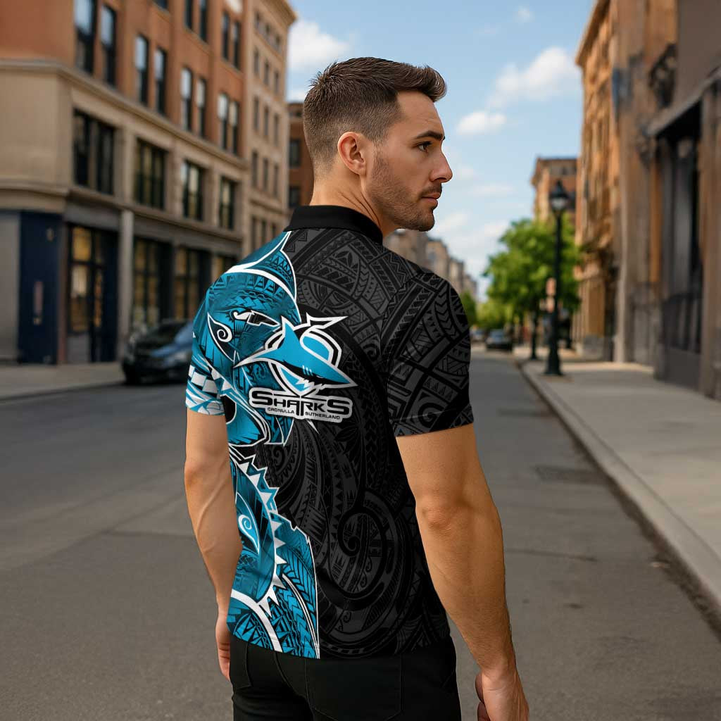Cronulla Sharks Zipper Polo Shirt Polynesian Tribal Tattoo Pacific Sport Art