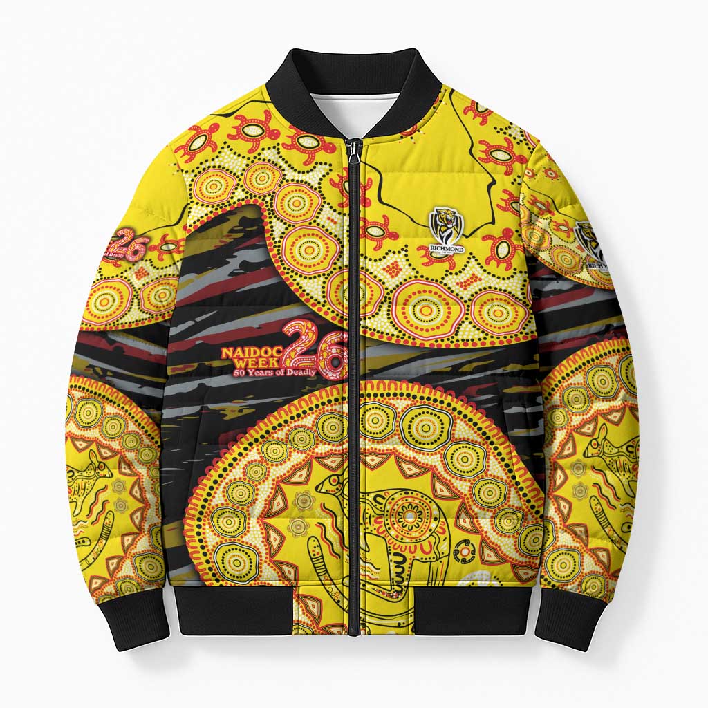 Richmond Tigers NAIDOC Week 2026 Bomber Puffer Jacket Australian Aboriginal Dot Art Dreamtime Pattern Style