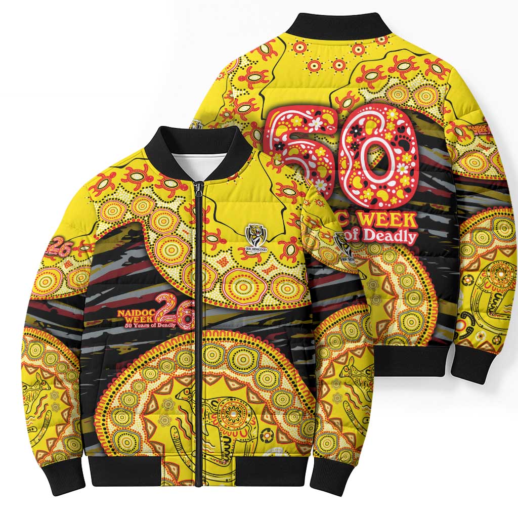 Richmond Tigers NAIDOC Week 2026 Bomber Puffer Jacket Australian Aboriginal Dot Art Dreamtime Pattern Style