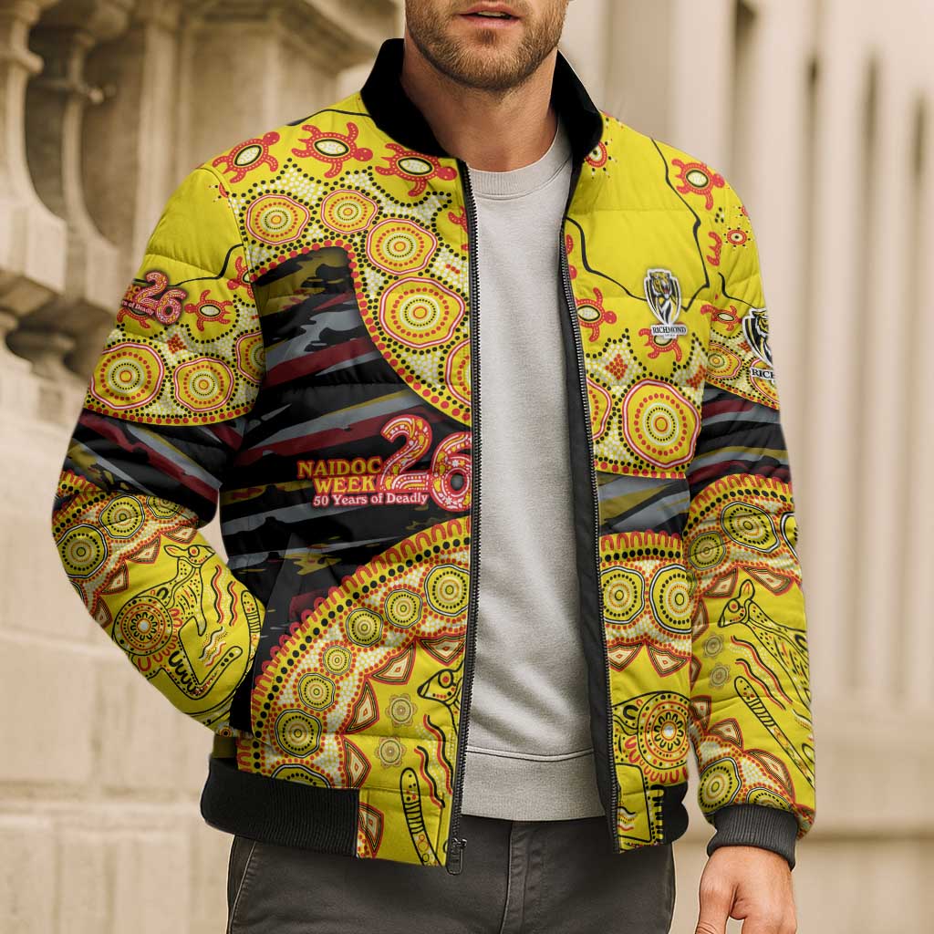 Richmond Tigers NAIDOC Week 2026 Bomber Puffer Jacket Australian Aboriginal Dot Art Dreamtime Pattern Style