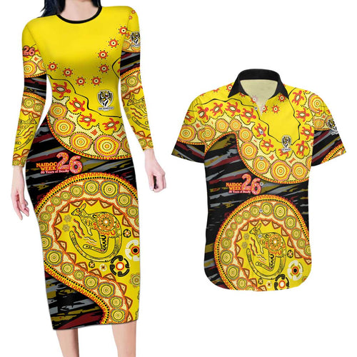 Richmond Tigers NAIDOC Week 2026 Couples Matching Long Sleeve Bodycon Dress and Hawaiian Shirt Australian Aboriginal Dot Art Dreamtime Pattern Style