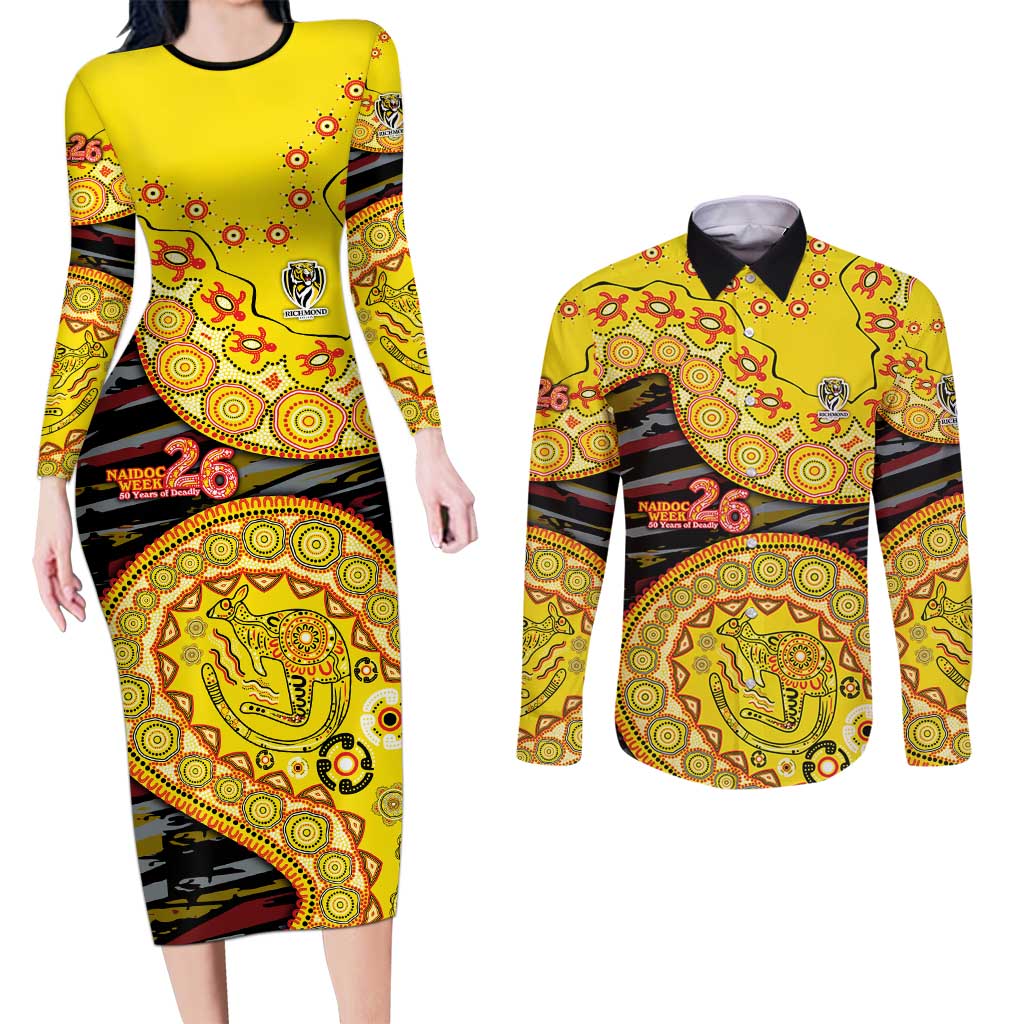 Richmond Tigers NAIDOC Week 2026 Couples Matching Long Sleeve Bodycon Dress and Long Sleeve Button Shirt Australian Aboriginal Dot Art Dreamtime Pattern Style