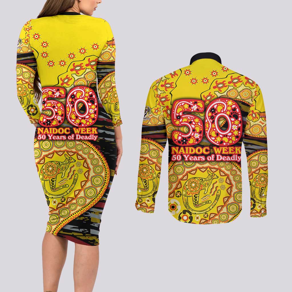 Richmond Tigers NAIDOC Week 2026 Couples Matching Long Sleeve Bodycon Dress and Long Sleeve Button Shirt Australian Aboriginal Dot Art Dreamtime Pattern Style