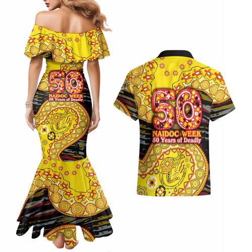 Richmond Tigers NAIDOC Week 2026 Couples Matching Mermaid Dress and Hawaiian Shirt Australian Aboriginal Dot Art Dreamtime Pattern Style