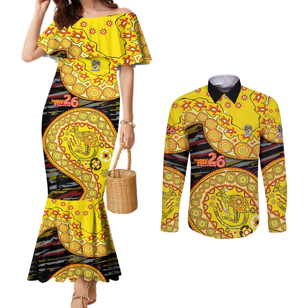 Richmond Tigers NAIDOC Week 2026 Couples Matching Mermaid Dress and Long Sleeve Button Shirt Australian Aboriginal Dot Art Dreamtime Pattern Style