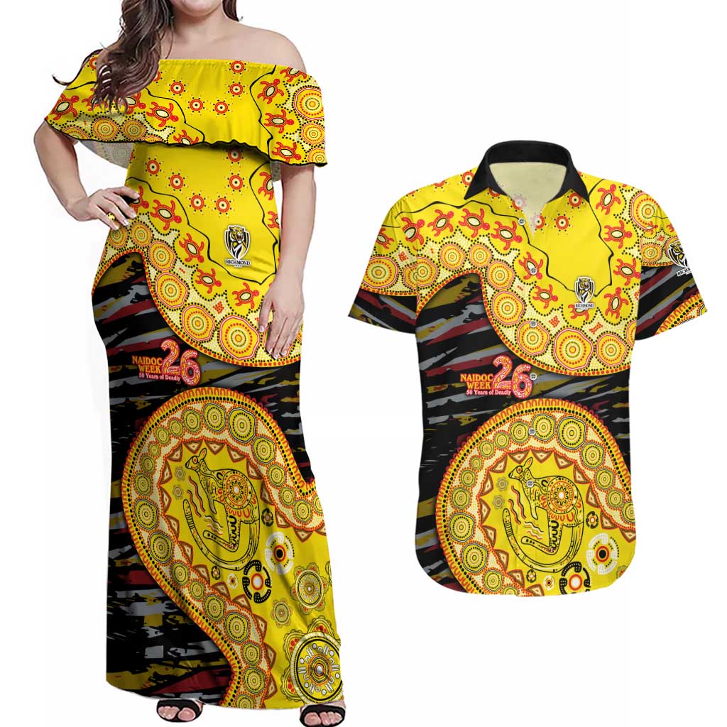 Richmond Tigers NAIDOC Week 2026 Couples Matching Off Shoulder Maxi Dress and Hawaiian Shirt Australian Aboriginal Dot Art Dreamtime Pattern Style