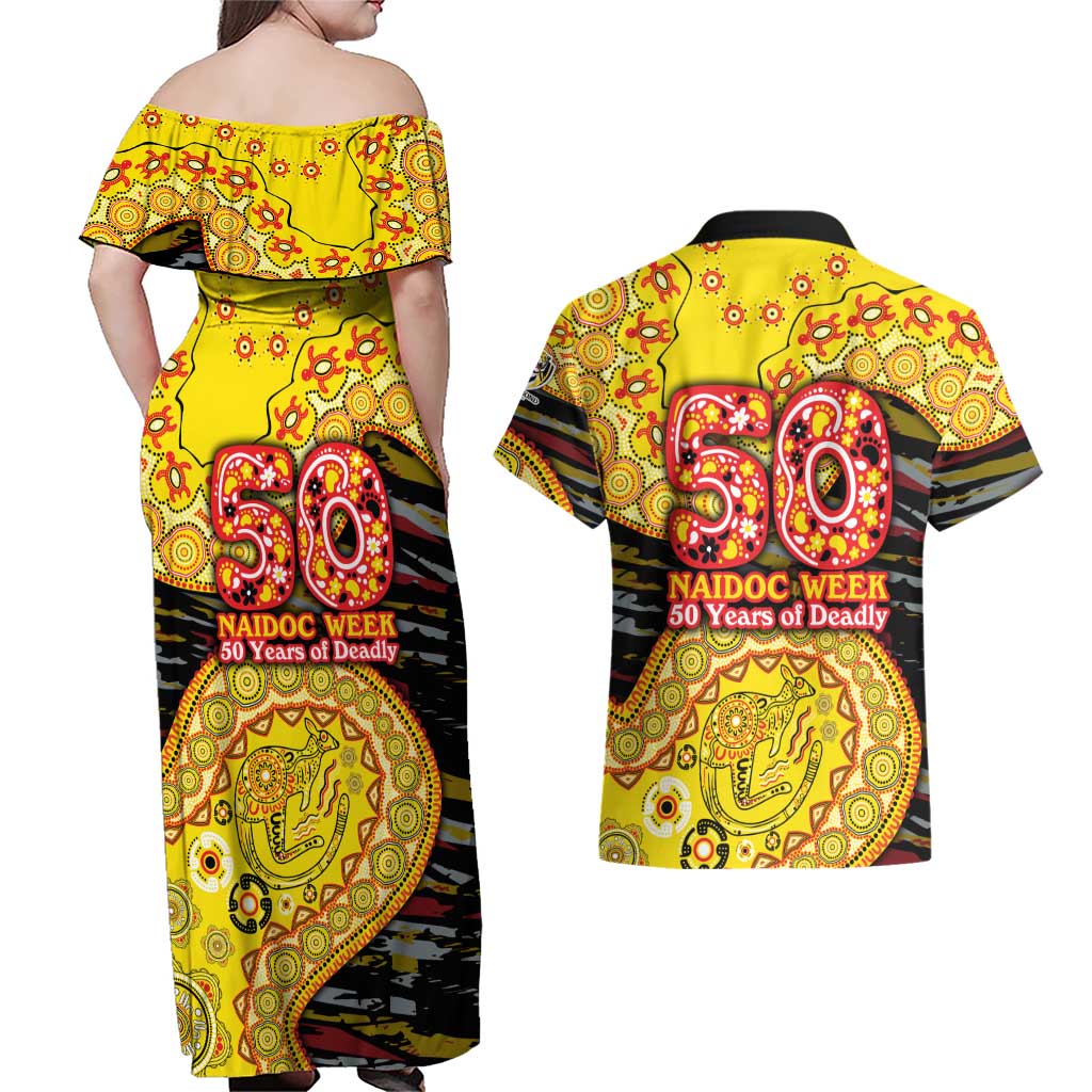 Richmond Tigers NAIDOC Week 2026 Couples Matching Off Shoulder Maxi Dress and Hawaiian Shirt Australian Aboriginal Dot Art Dreamtime Pattern Style