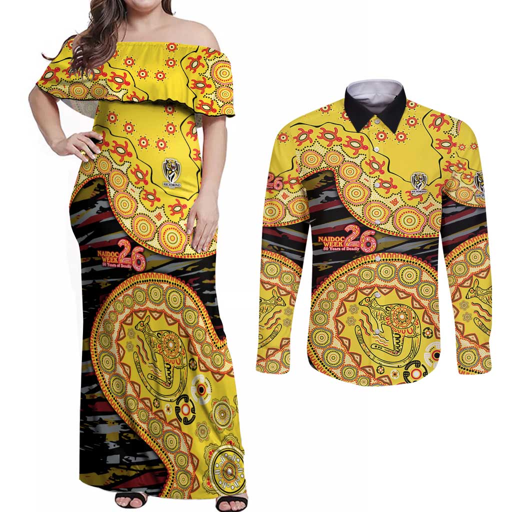 Richmond Tigers NAIDOC Week 2026 Couples Matching Off Shoulder Maxi Dress and Long Sleeve Button Shirt Australian Aboriginal Dot Art Dreamtime Pattern Style