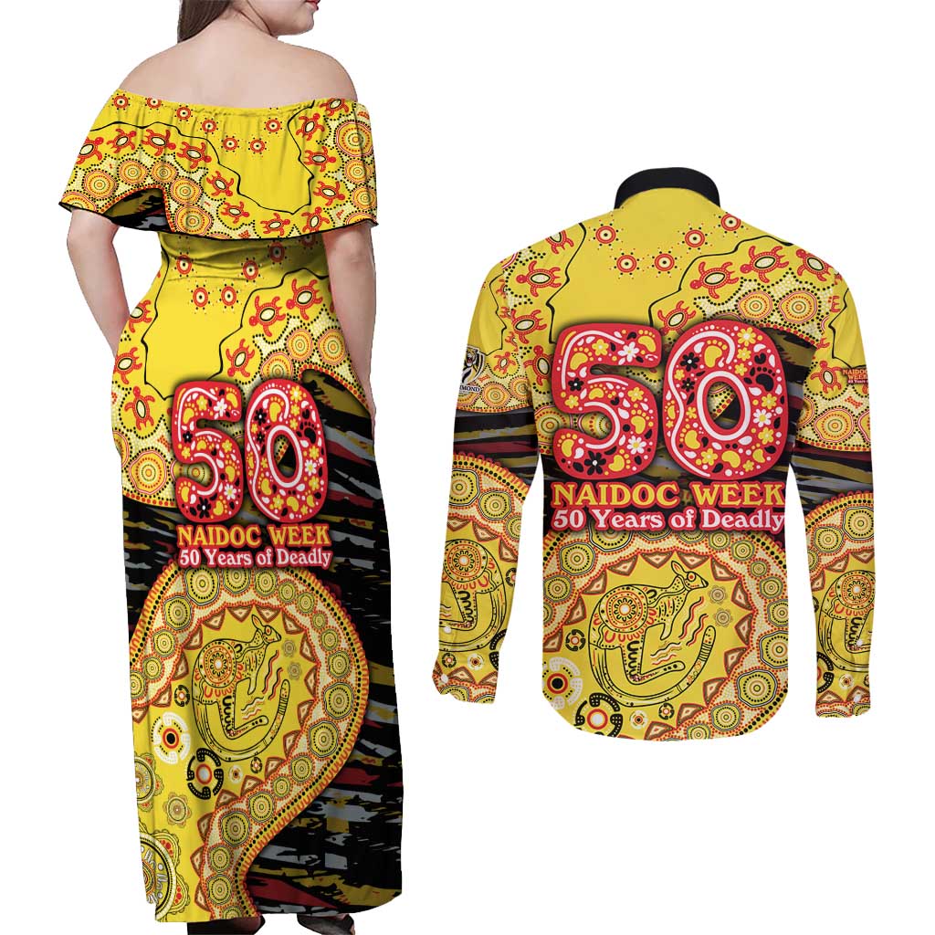 Richmond Tigers NAIDOC Week 2026 Couples Matching Off Shoulder Maxi Dress and Long Sleeve Button Shirt Australian Aboriginal Dot Art Dreamtime Pattern Style