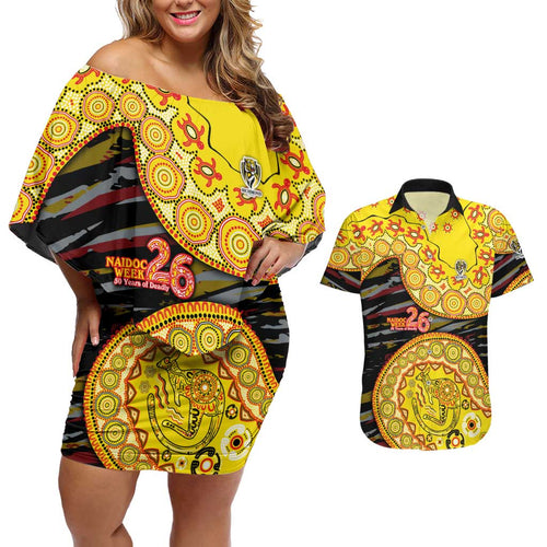 Richmond Tigers NAIDOC Week 2026 Couples Matching Off Shoulder Short Dress and Hawaiian Shirt Australian Aboriginal Dot Art Dreamtime Pattern Style