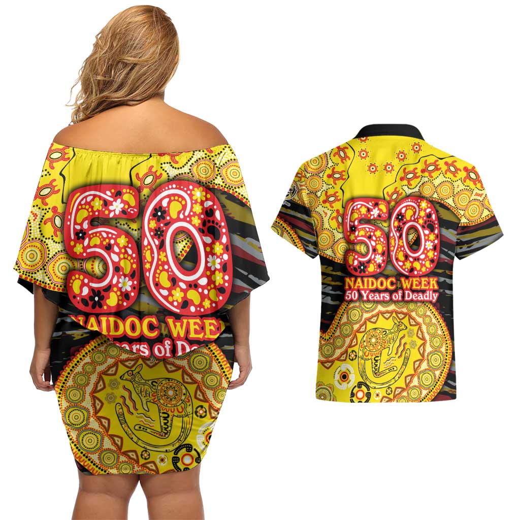 Richmond Tigers NAIDOC Week 2026 Couples Matching Off Shoulder Short Dress and Hawaiian Shirt Australian Aboriginal Dot Art Dreamtime Pattern Style