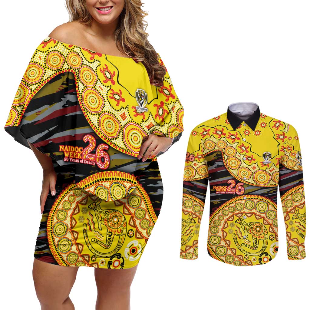 Richmond Tigers NAIDOC Week 2026 Couples Matching Off Shoulder Short Dress and Long Sleeve Button Shirt Australian Aboriginal Dot Art Dreamtime Pattern Style