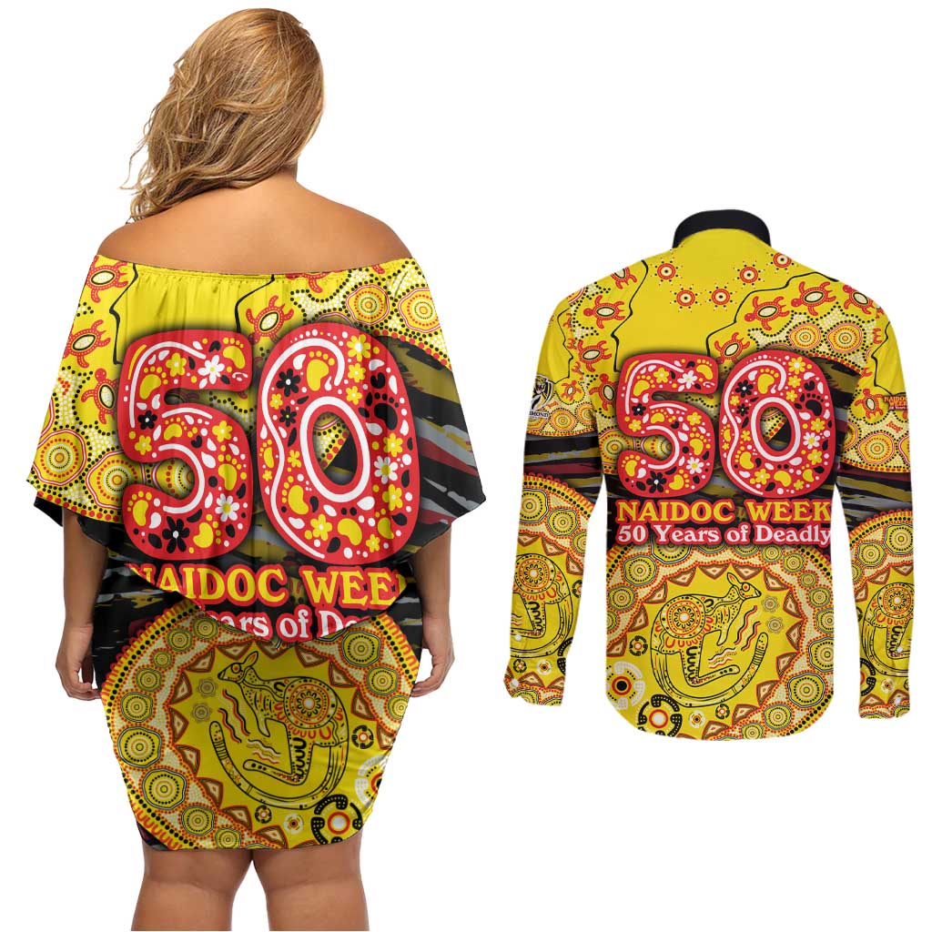 Richmond Tigers NAIDOC Week 2026 Couples Matching Off Shoulder Short Dress and Long Sleeve Button Shirt Australian Aboriginal Dot Art Dreamtime Pattern Style
