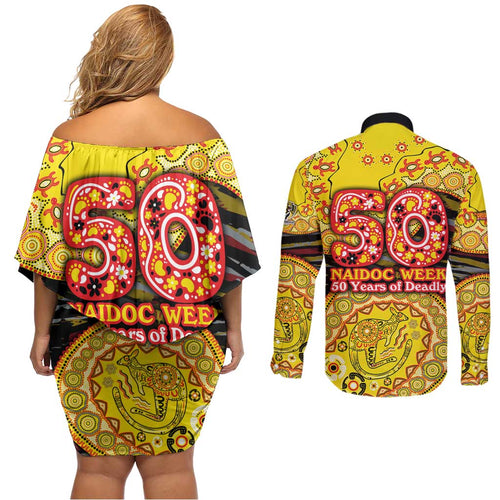 Richmond Tigers NAIDOC Week 2026 Couples Matching Off Shoulder Short Dress and Long Sleeve Button Shirt Australian Aboriginal Dot Art Dreamtime Pattern Style
