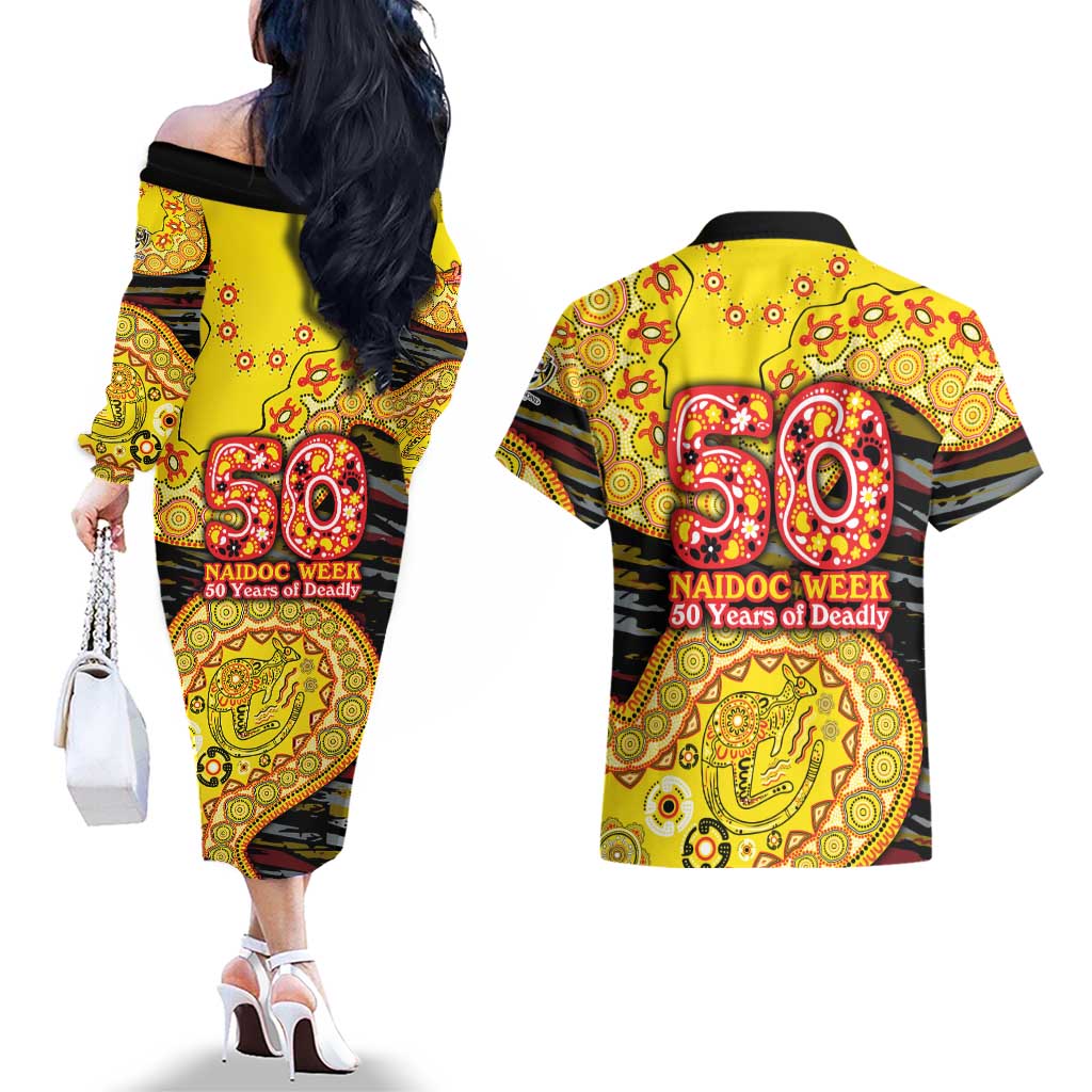 Richmond Tigers NAIDOC Week 2026 Couples Matching Off The Shoulder Long Sleeve Dress and Hawaiian Shirt Australian Aboriginal Dot Art Dreamtime Pattern Style