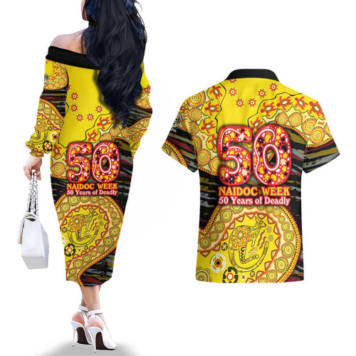 Richmond Tigers NAIDOC Week 2026 Couples Matching Off The Shoulder Long Sleeve Dress and Hawaiian Shirt Australian Aboriginal Dot Art Dreamtime Pattern Style