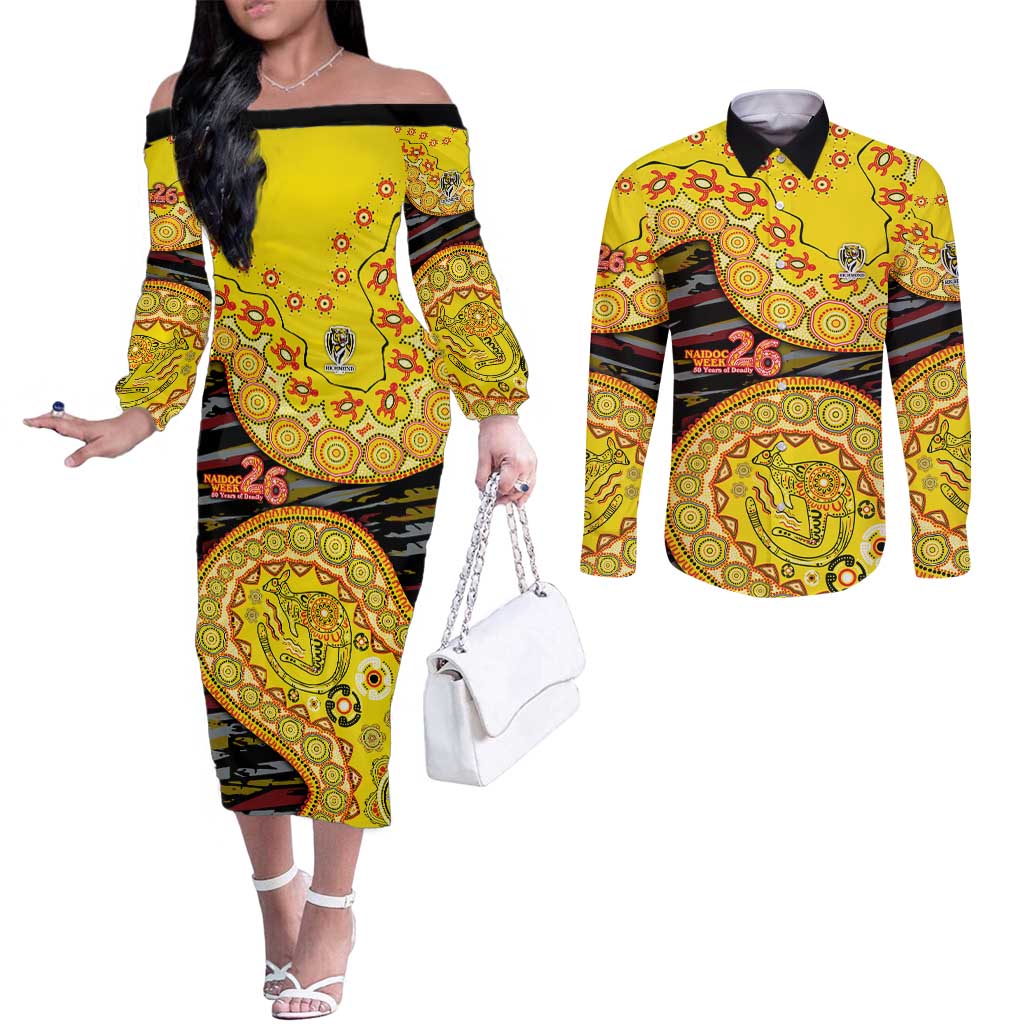 Richmond Tigers NAIDOC Week 2026 Couples Matching Off The Shoulder Long Sleeve Dress and Long Sleeve Button Shirt Australian Aboriginal Dot Art Dreamtime Pattern Style