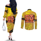 Richmond Tigers NAIDOC Week 2026 Couples Matching Off The Shoulder Long Sleeve Dress and Long Sleeve Button Shirt Australian Aboriginal Dot Art Dreamtime Pattern Style