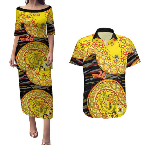 Richmond Tigers NAIDOC Week 2026 Couples Matching Puletasi and Hawaiian Shirt Australian Aboriginal Dot Art Dreamtime Pattern Style