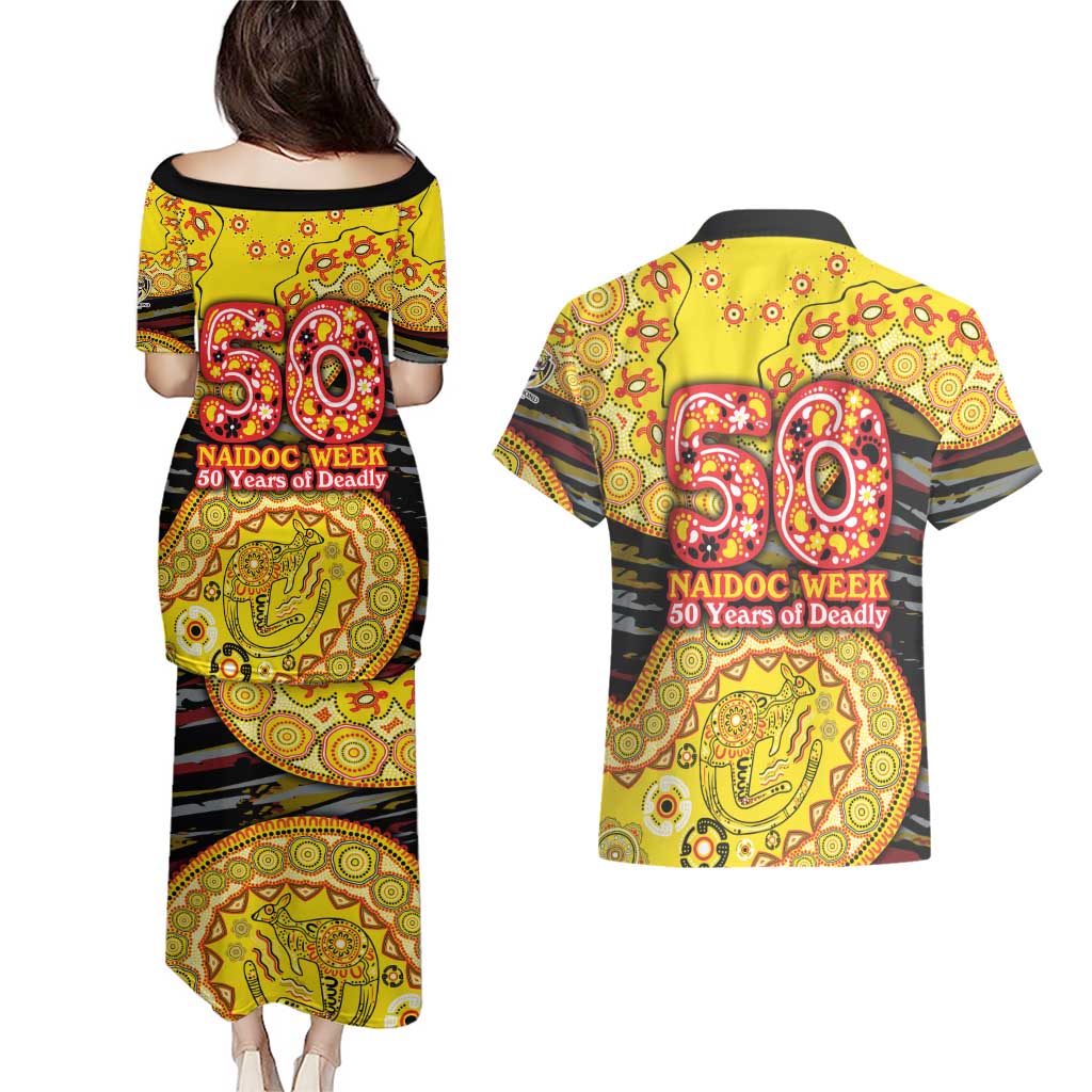 Richmond Tigers NAIDOC Week 2026 Couples Matching Puletasi and Hawaiian Shirt Australian Aboriginal Dot Art Dreamtime Pattern Style
