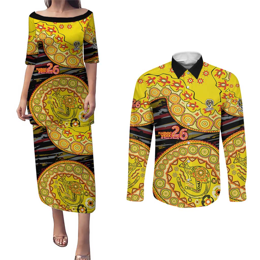 Richmond Tigers NAIDOC Week 2026 Couples Matching Puletasi and Long Sleeve Button Shirt Australian Aboriginal Dot Art Dreamtime Pattern Style