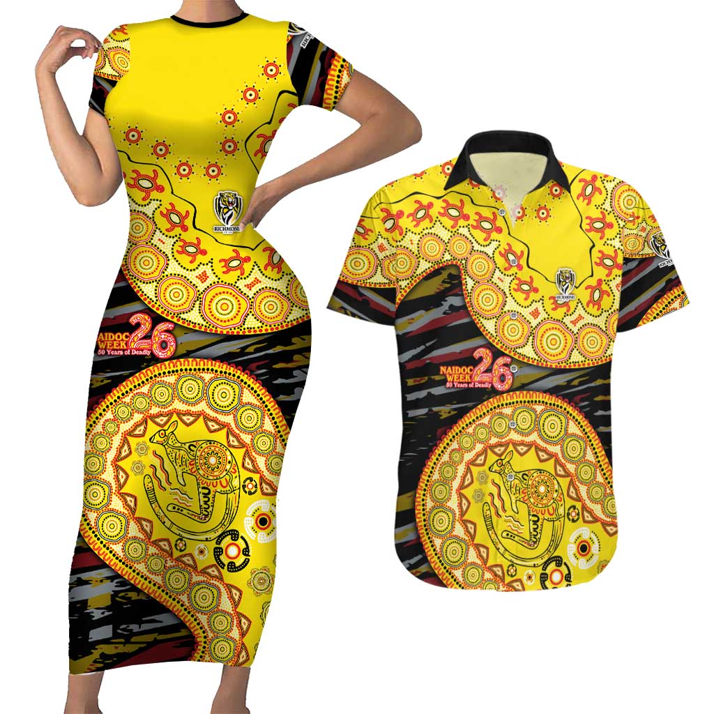 Richmond Tigers NAIDOC Week 2026 Couples Matching Short Sleeve Bodycon Dress and Hawaiian Shirt Australian Aboriginal Dot Art Dreamtime Pattern Style