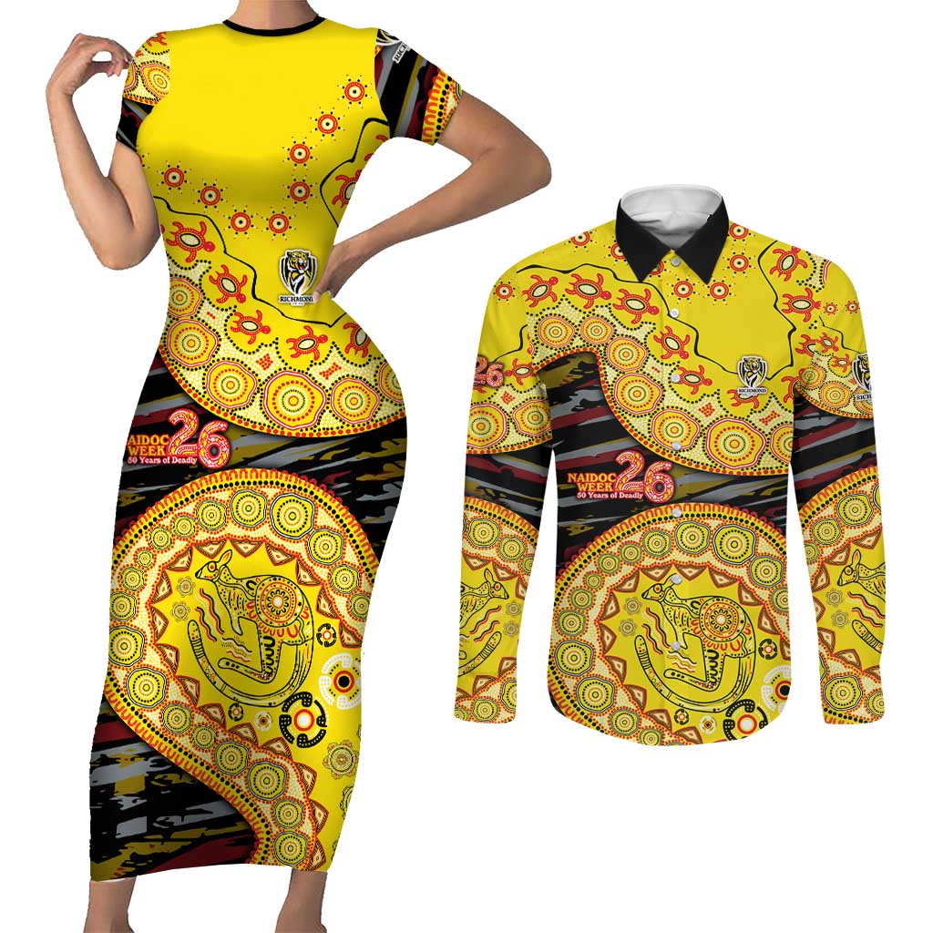 Richmond Tigers NAIDOC Week 2026 Couples Matching Short Sleeve Bodycon Dress and Long Sleeve Button Shirt Australian Aboriginal Dot Art Dreamtime Pattern Style