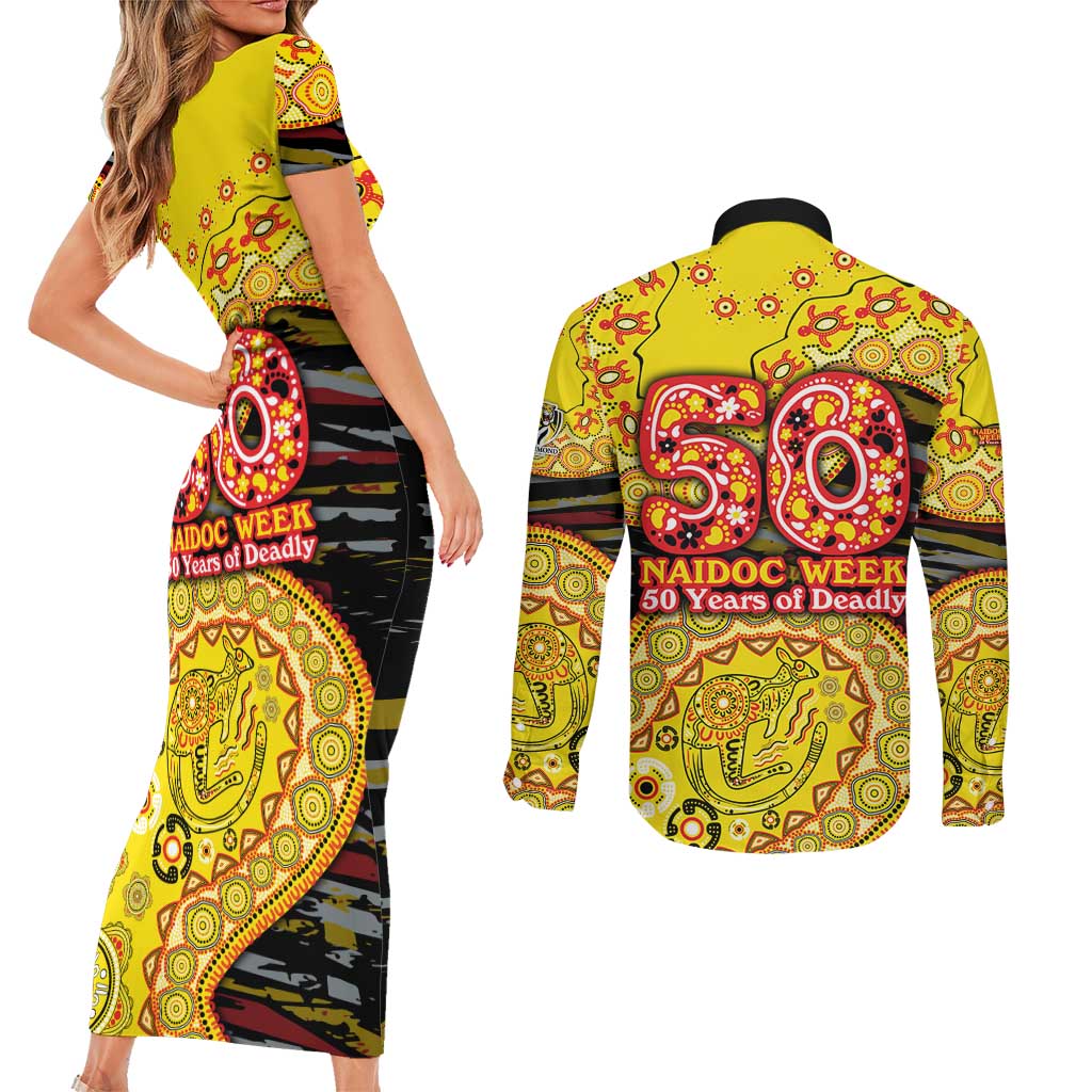 Richmond Tigers NAIDOC Week 2026 Couples Matching Short Sleeve Bodycon Dress and Long Sleeve Button Shirt Australian Aboriginal Dot Art Dreamtime Pattern Style
