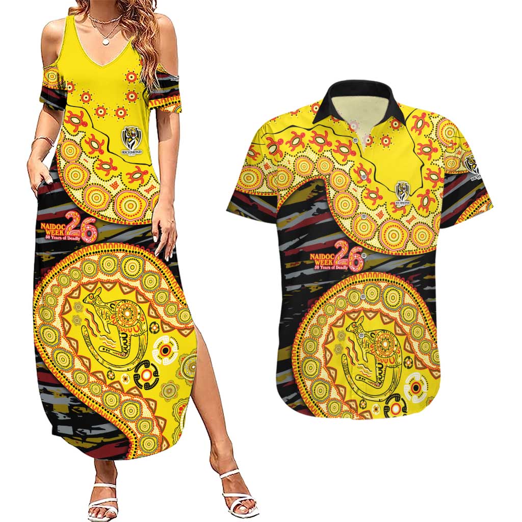 Richmond Tigers NAIDOC Week 2026 Couples Matching Summer Maxi Dress and Hawaiian Shirt Australian Aboriginal Dot Art Dreamtime Pattern Style
