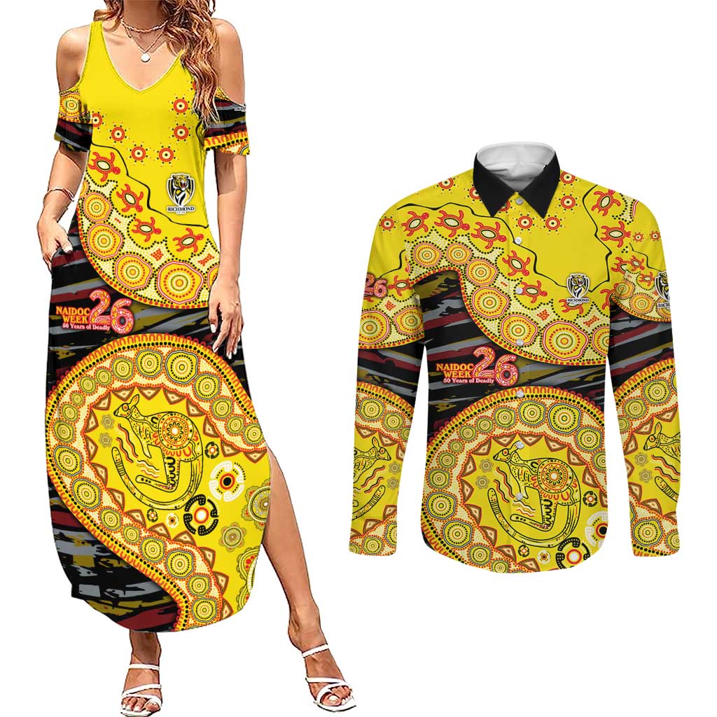 Richmond Tigers NAIDOC Week 2026 Couples Matching Summer Maxi Dress and Long Sleeve Button Shirt Australian Aboriginal Dot Art Dreamtime Pattern Style