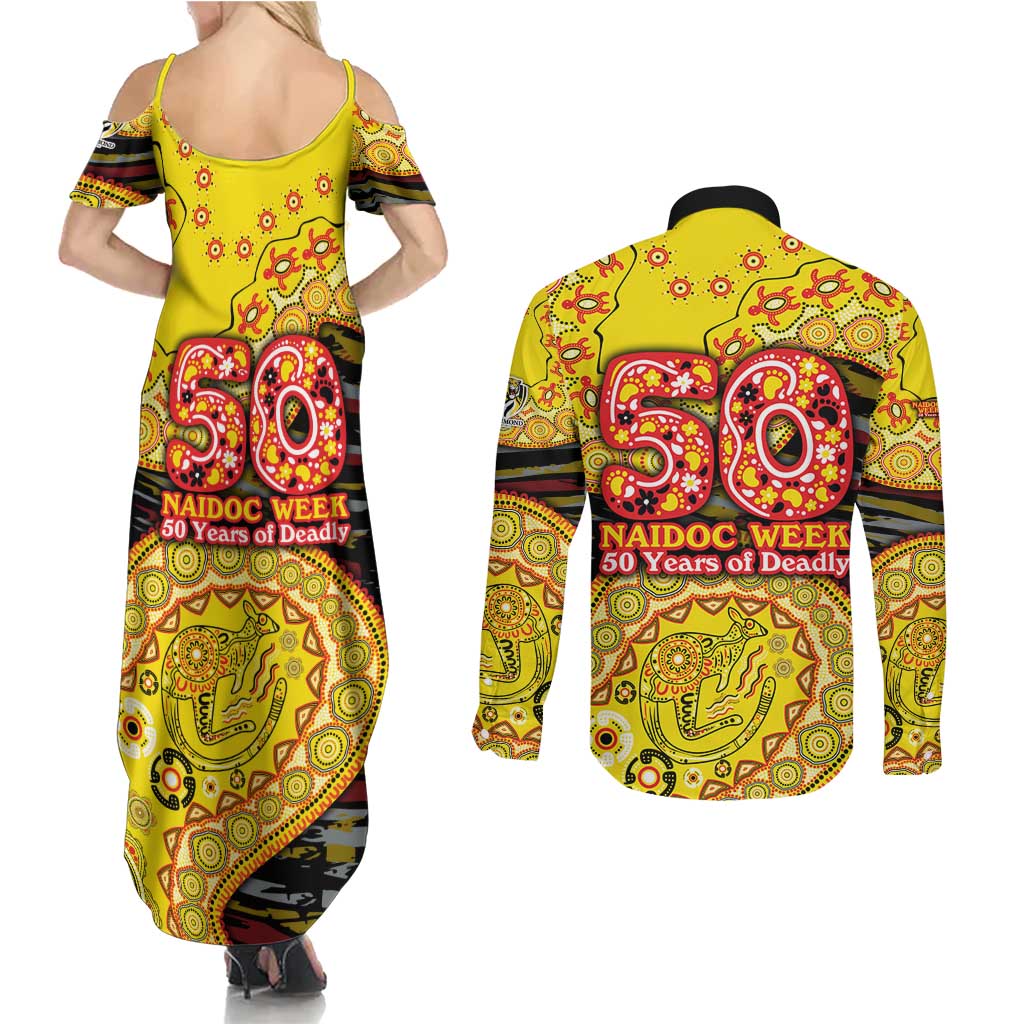 Richmond Tigers NAIDOC Week 2026 Couples Matching Summer Maxi Dress and Long Sleeve Button Shirt Australian Aboriginal Dot Art Dreamtime Pattern Style