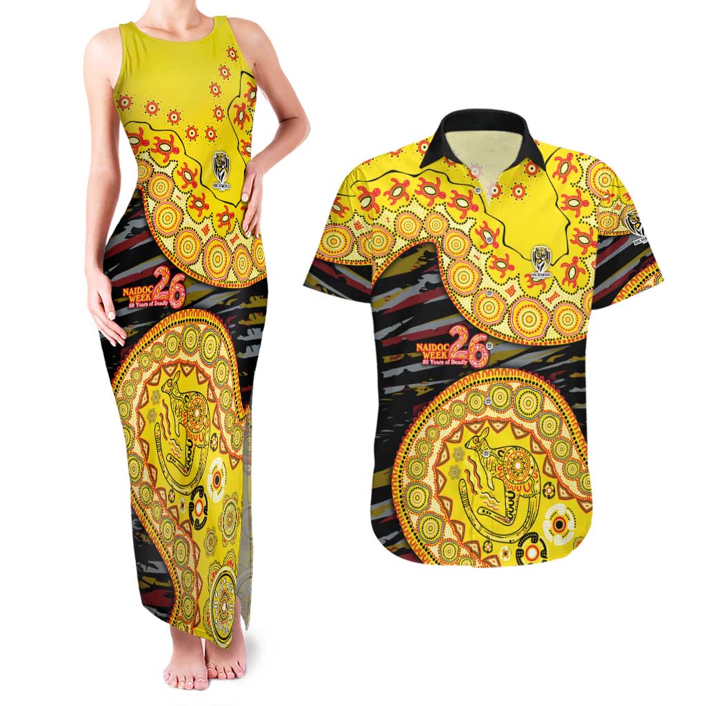 Richmond Tigers NAIDOC Week 2026 Couples Matching Tank Maxi Dress and Hawaiian Shirt Australian Aboriginal Dot Art Dreamtime Pattern Style