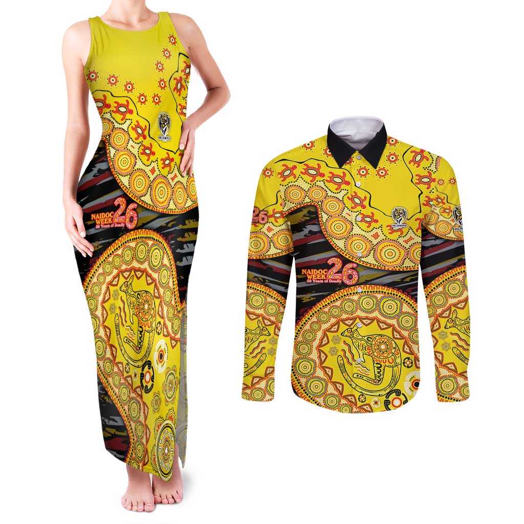 Richmond Tigers NAIDOC Week 2026 Couples Matching Tank Maxi Dress and Long Sleeve Button Shirt Australian Aboriginal Dot Art Dreamtime Pattern Style