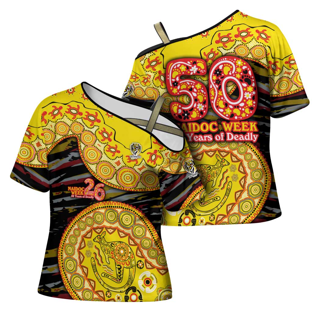 Richmond Tigers NAIDOC Week 2026 Cross Shoulder Shirt Australian Aboriginal Dot Art Dreamtime Pattern Style