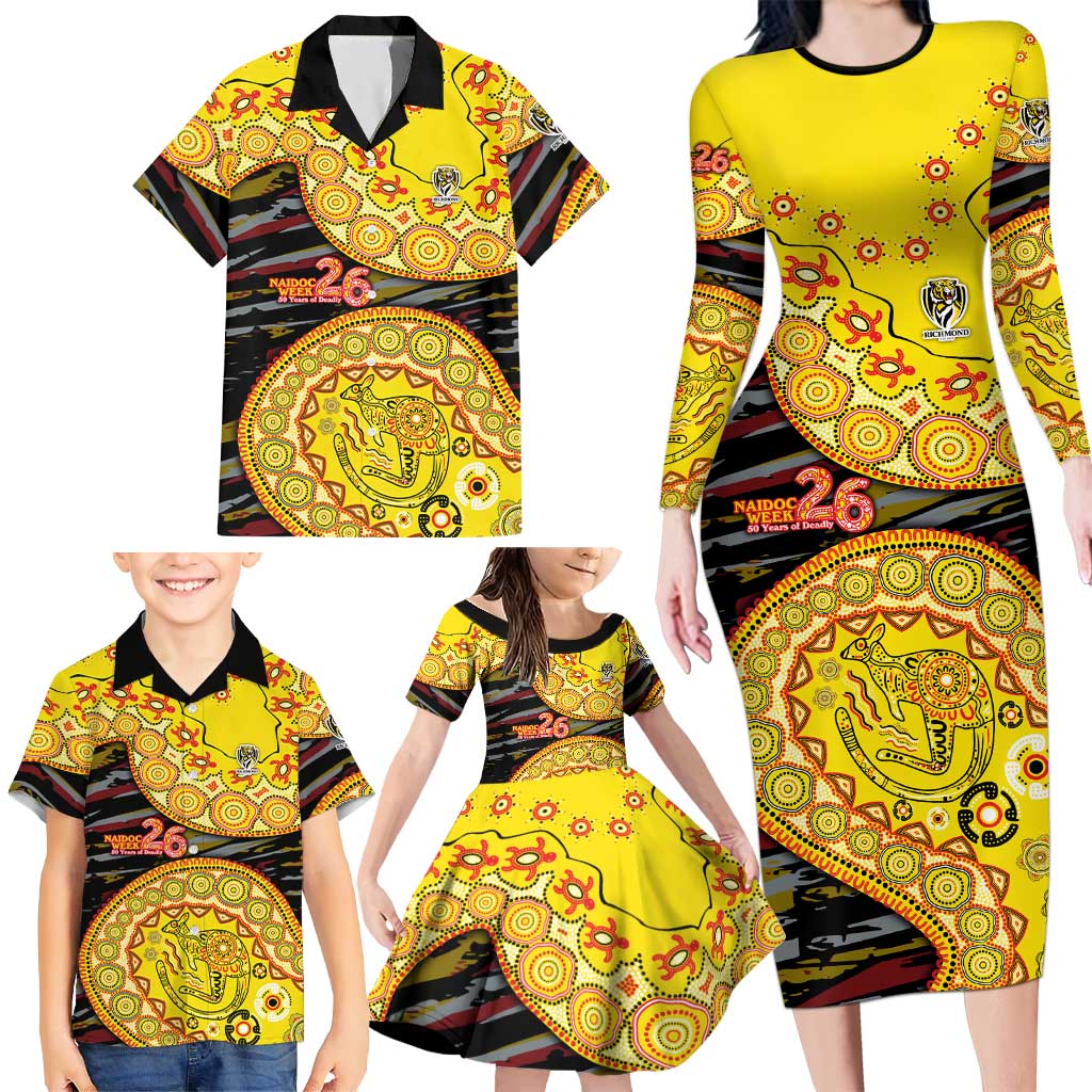 Richmond Tigers NAIDOC Week 2026 Family Matching Long Sleeve Bodycon Dress and Hawaiian Shirt Australian Aboriginal Dot Art Dreamtime Pattern Style