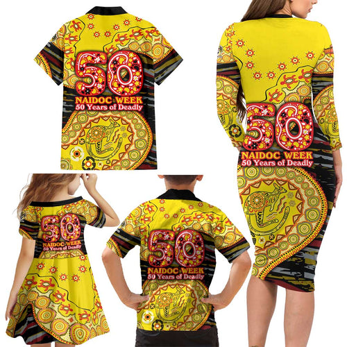 Richmond Tigers NAIDOC Week 2026 Family Matching Long Sleeve Bodycon Dress and Hawaiian Shirt Australian Aboriginal Dot Art Dreamtime Pattern Style