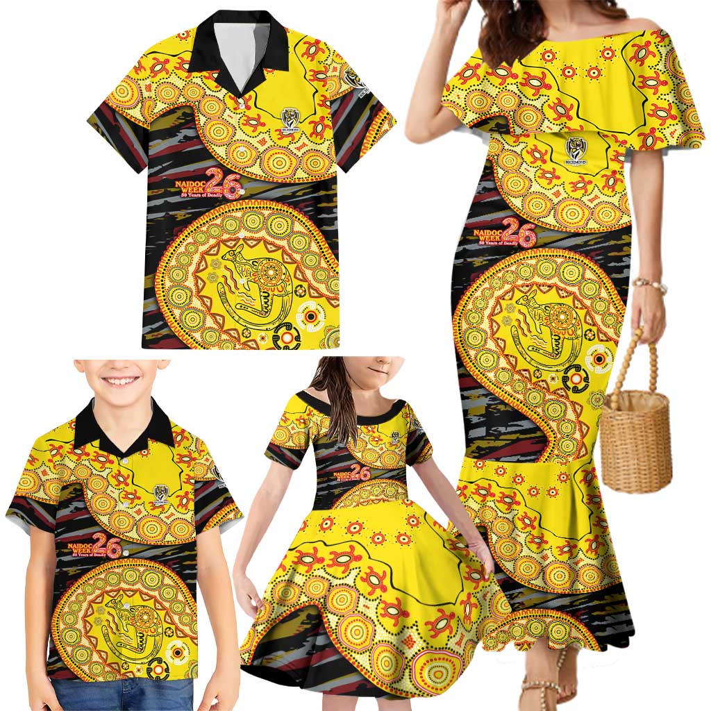 Richmond Tigers NAIDOC Week 2026 Family Matching Mermaid Dress and Hawaiian Shirt Australian Aboriginal Dot Art Dreamtime Pattern Style