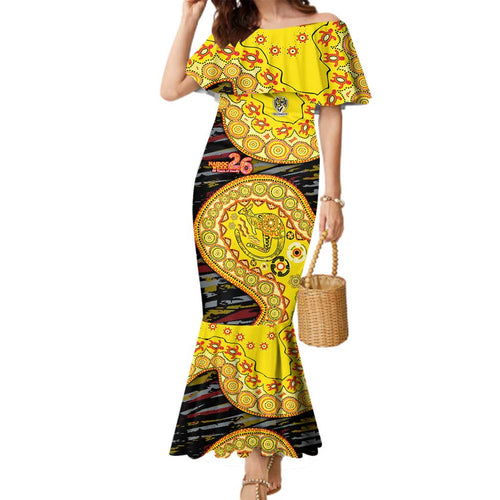 Richmond Tigers NAIDOC Week 2026 Family Matching Mermaid Dress and Hawaiian Shirt Australian Aboriginal Dot Art Dreamtime Pattern Style