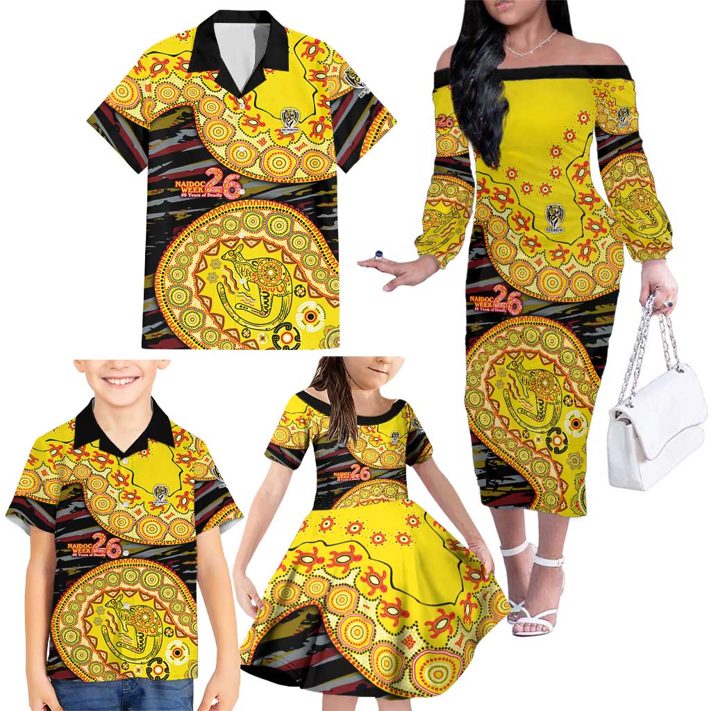 Richmond Tigers NAIDOC Week 2026 Family Matching Off The Shoulder Long Sleeve Dress and Hawaiian Shirt Australian Aboriginal Dot Art Dreamtime Pattern Style
