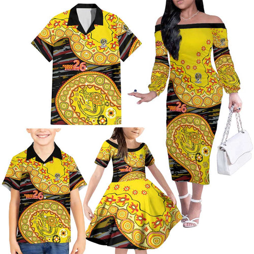 Richmond Tigers NAIDOC Week 2026 Family Matching Off The Shoulder Long Sleeve Dress and Hawaiian Shirt Australian Aboriginal Dot Art Dreamtime Pattern Style