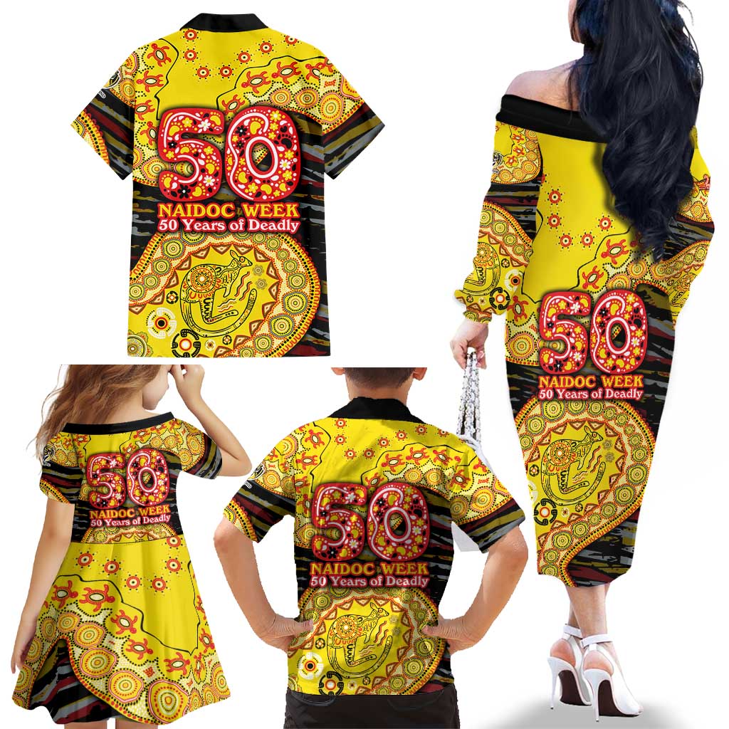 Richmond Tigers NAIDOC Week 2026 Family Matching Off The Shoulder Long Sleeve Dress and Hawaiian Shirt Australian Aboriginal Dot Art Dreamtime Pattern Style