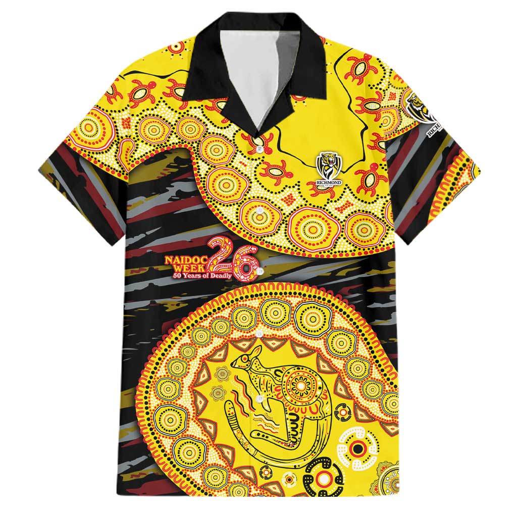 Richmond Tigers NAIDOC Week 2026 Family Matching Off The Shoulder Long Sleeve Dress and Hawaiian Shirt Australian Aboriginal Dot Art Dreamtime Pattern Style