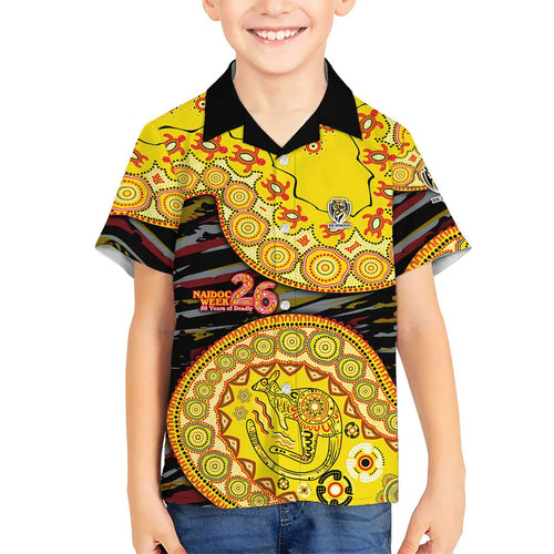Richmond Tigers NAIDOC Week 2026 Family Matching Off The Shoulder Long Sleeve Dress and Hawaiian Shirt Australian Aboriginal Dot Art Dreamtime Pattern Style
