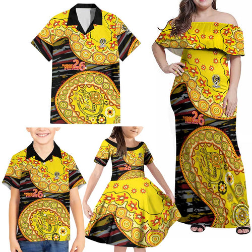 Richmond Tigers NAIDOC Week 2026 Family Matching Off Shoulder Maxi Dress and Hawaiian Shirt Australian Aboriginal Dot Art Dreamtime Pattern Style
