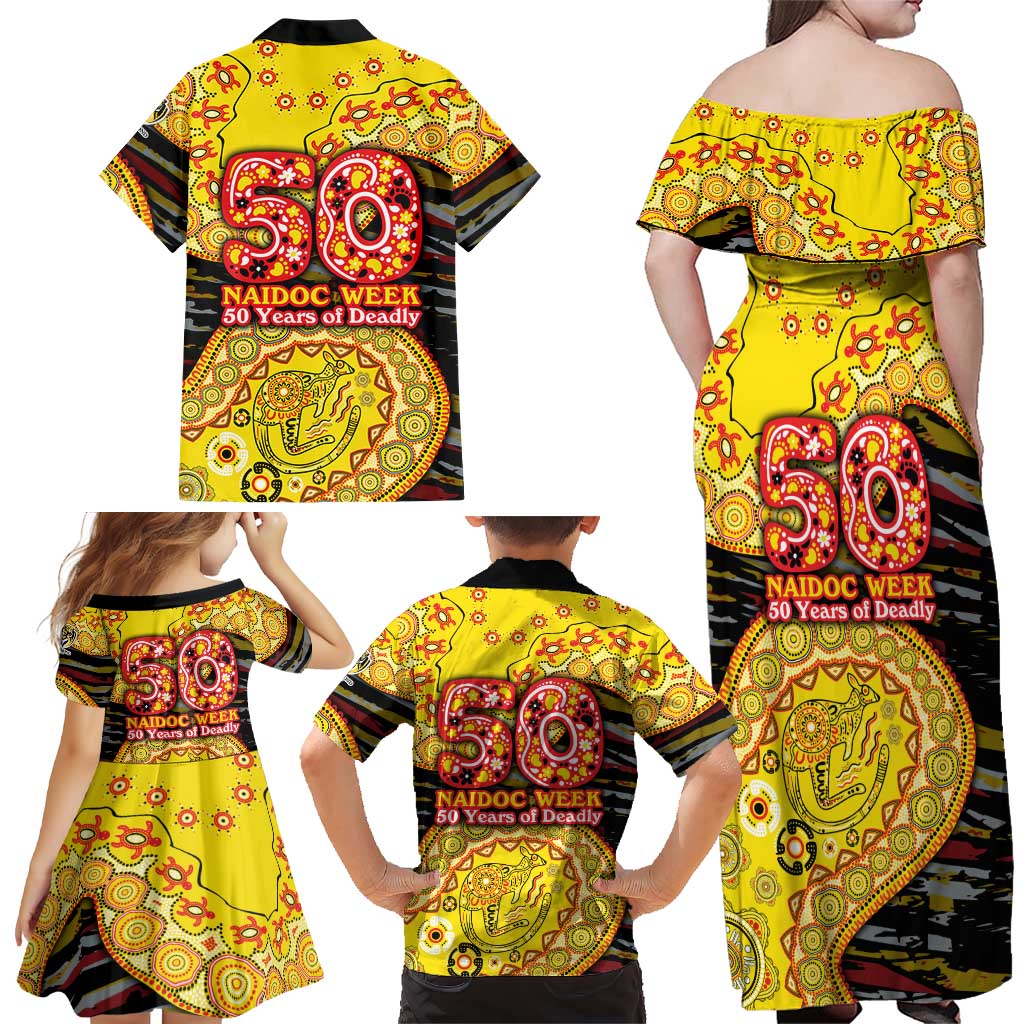 Richmond Tigers NAIDOC Week 2026 Family Matching Off Shoulder Maxi Dress and Hawaiian Shirt Australian Aboriginal Dot Art Dreamtime Pattern Style