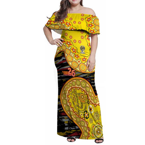 Richmond Tigers NAIDOC Week 2026 Family Matching Off Shoulder Maxi Dress and Hawaiian Shirt Australian Aboriginal Dot Art Dreamtime Pattern Style