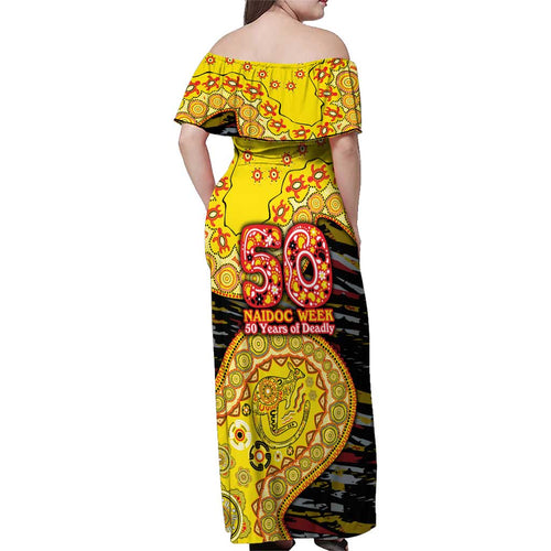 Richmond Tigers NAIDOC Week 2026 Family Matching Off Shoulder Maxi Dress and Hawaiian Shirt Australian Aboriginal Dot Art Dreamtime Pattern Style